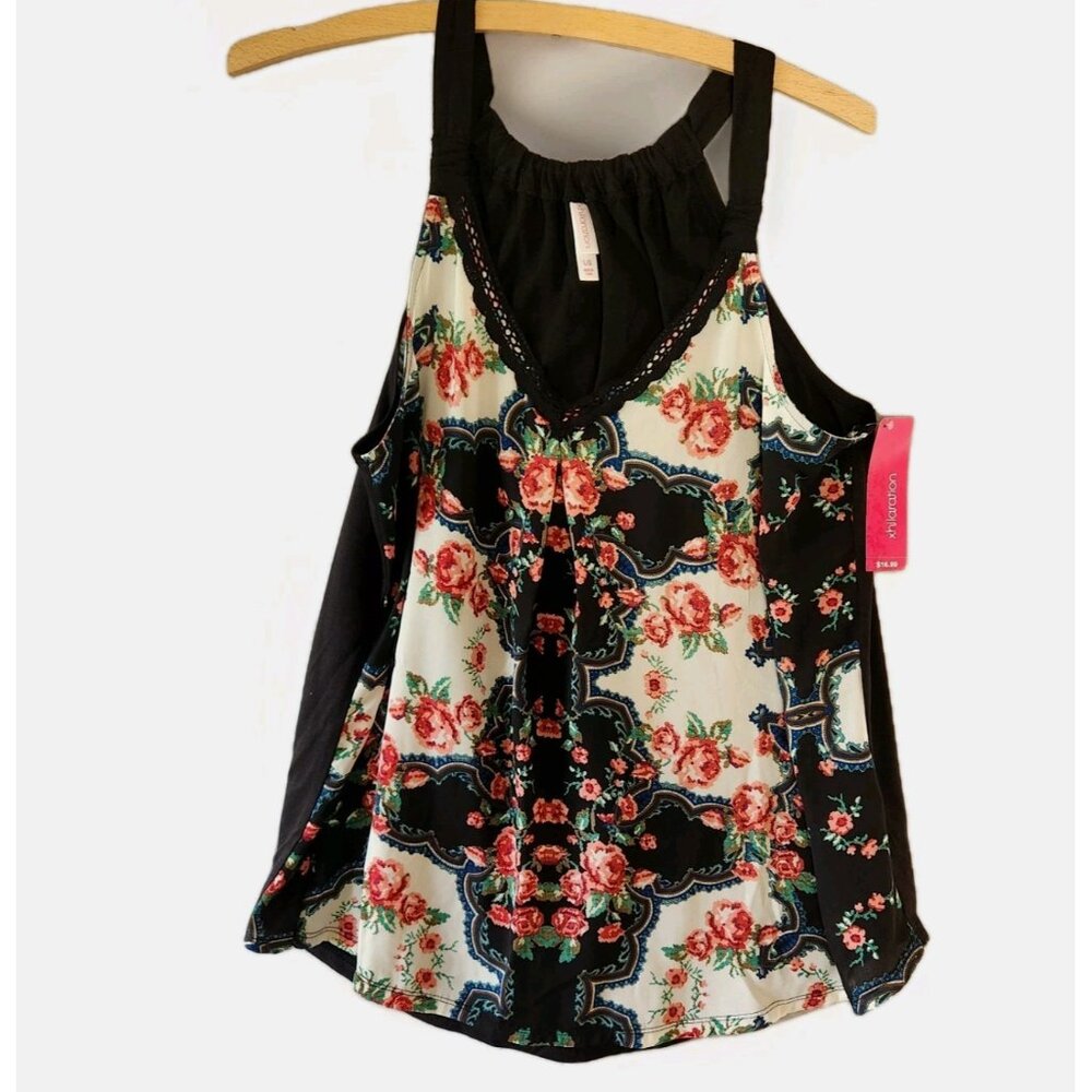 Xhilaration Black Floral Lace Trim Tank Top Swing Size Large Y2K Whimsygoth